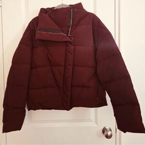 Theory burgundy red asymmetrical Puffer Jacket, size S NWT